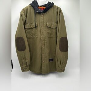 Troll Co Men’s Hooded Sherpa Lined Jacket Olive Green Snap Front Size L